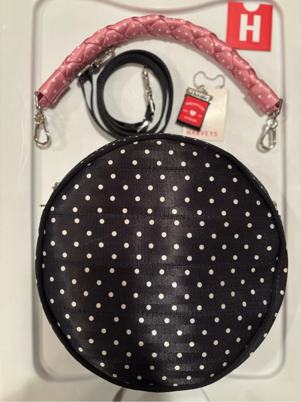 Harveys Dottie black polk-a-dot / pink bow /circle bag / shoulder and Lola strap